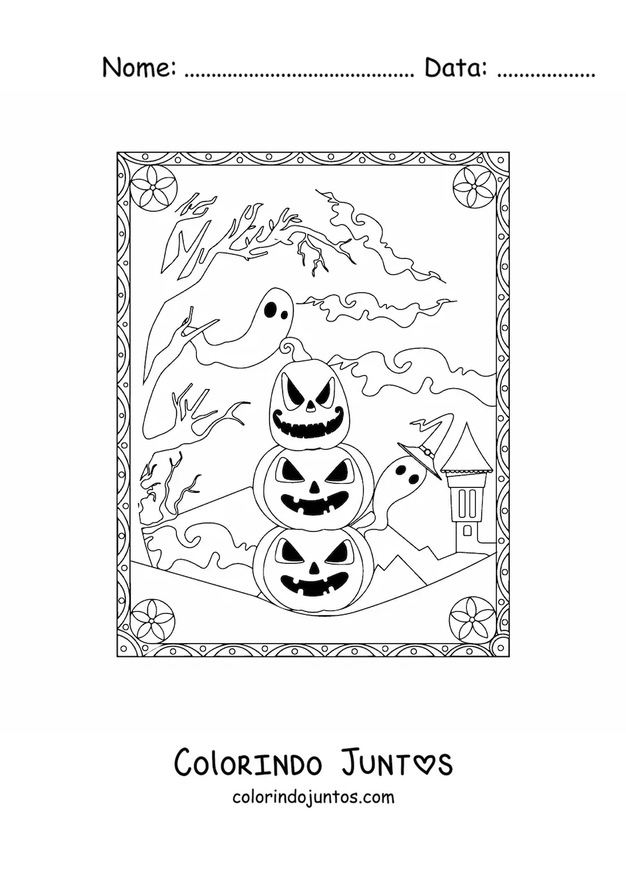 Desenho para colorir de abóboras de Halloween assustadoras com fantasmas