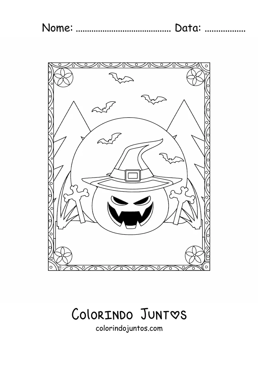 Desenho para colorir de abóboras de Halloween assustadoras com chapéu