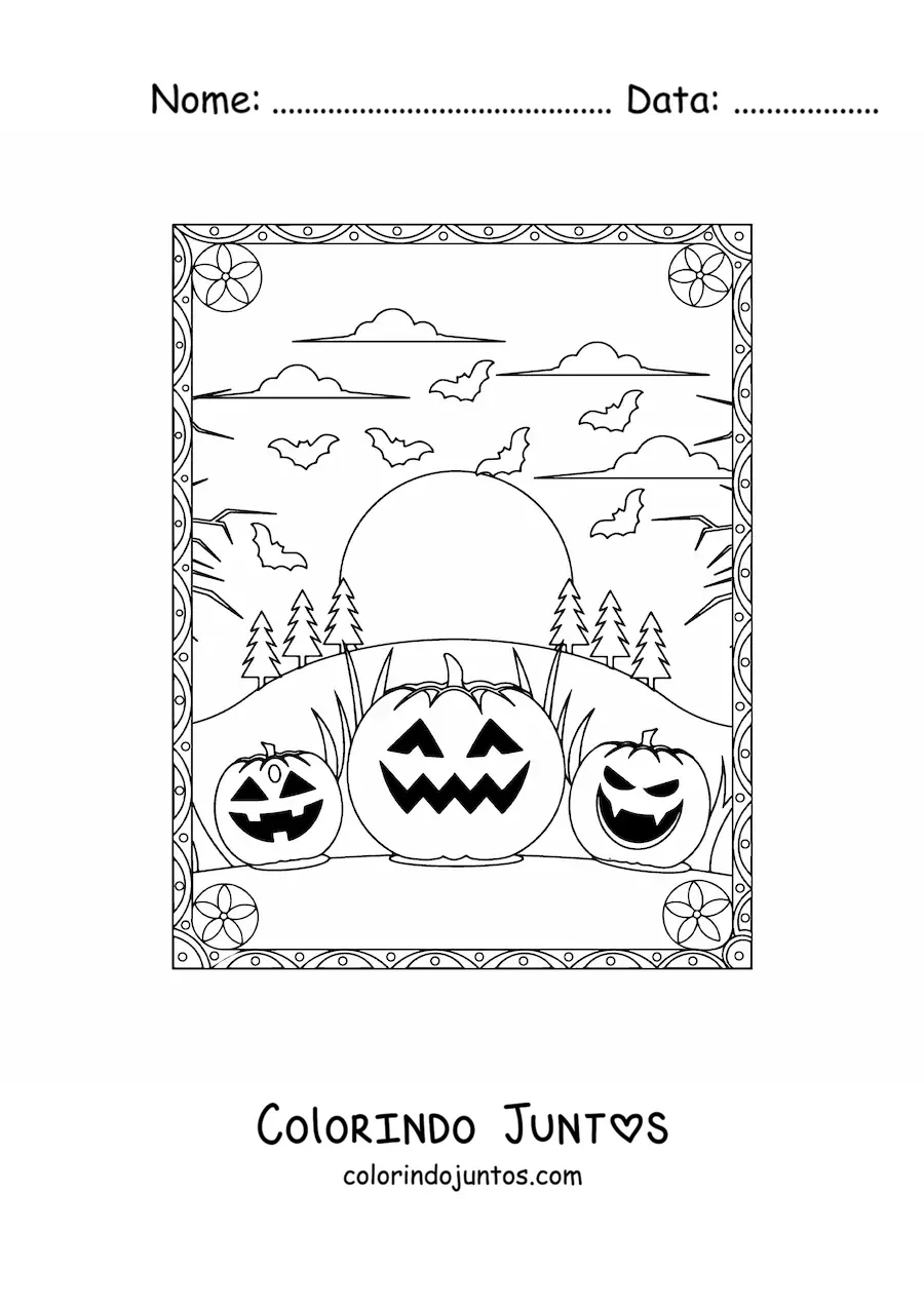 Desenho para colorir de abóboras de Halloween assustadoras com morcegos