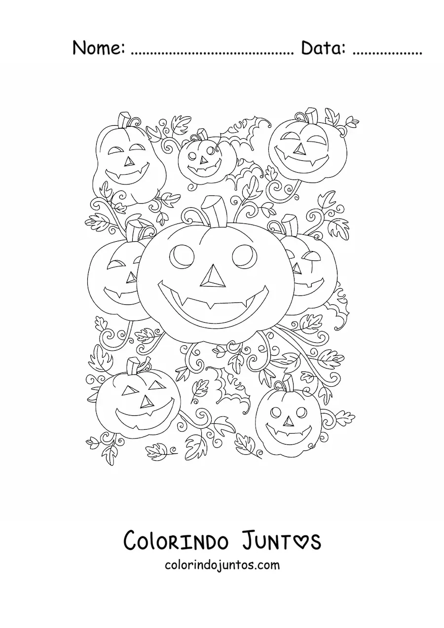 Desenho para colorir de abóboras de Halloween lindas com folhas de outono