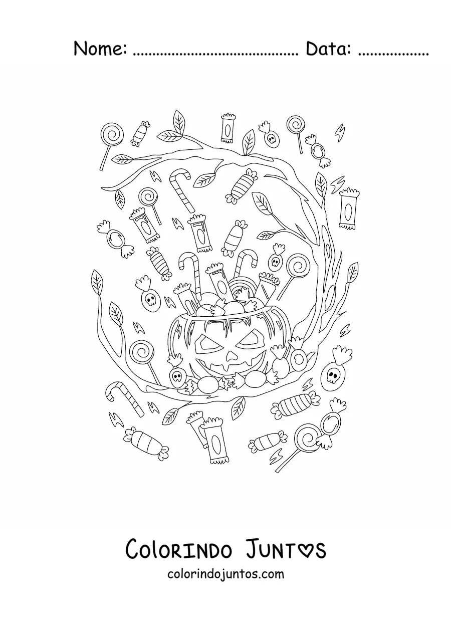 Desenho para colorir de abóbora de Halloween aterrorizante com doces