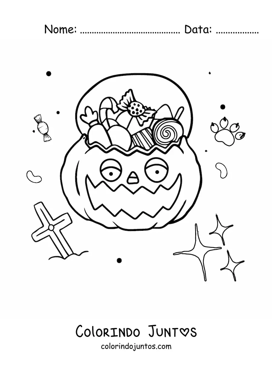 Desenho para colorir de abóbora de Halloween em desenho com doces