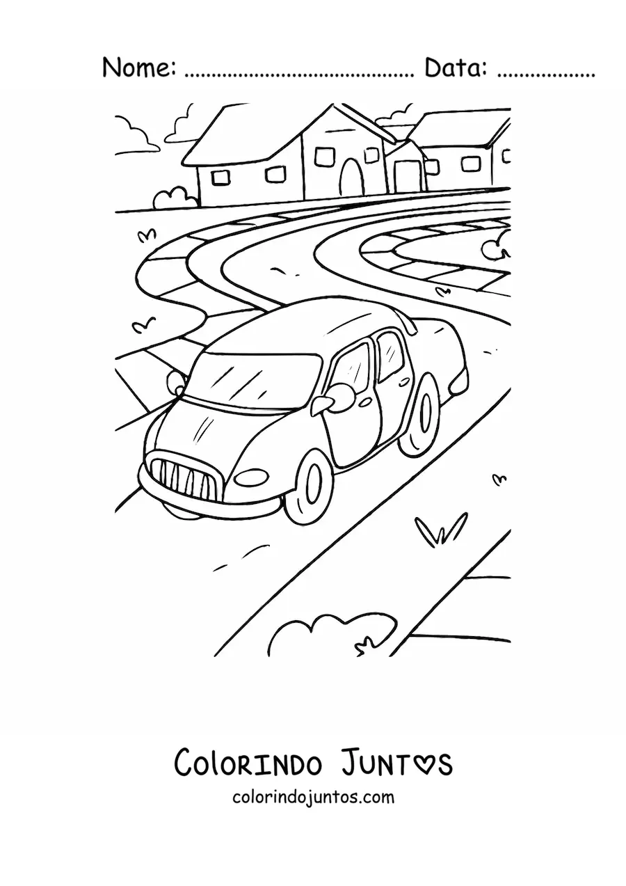 Desenho para colorir de um carro em uma estrada com casas ao fundo