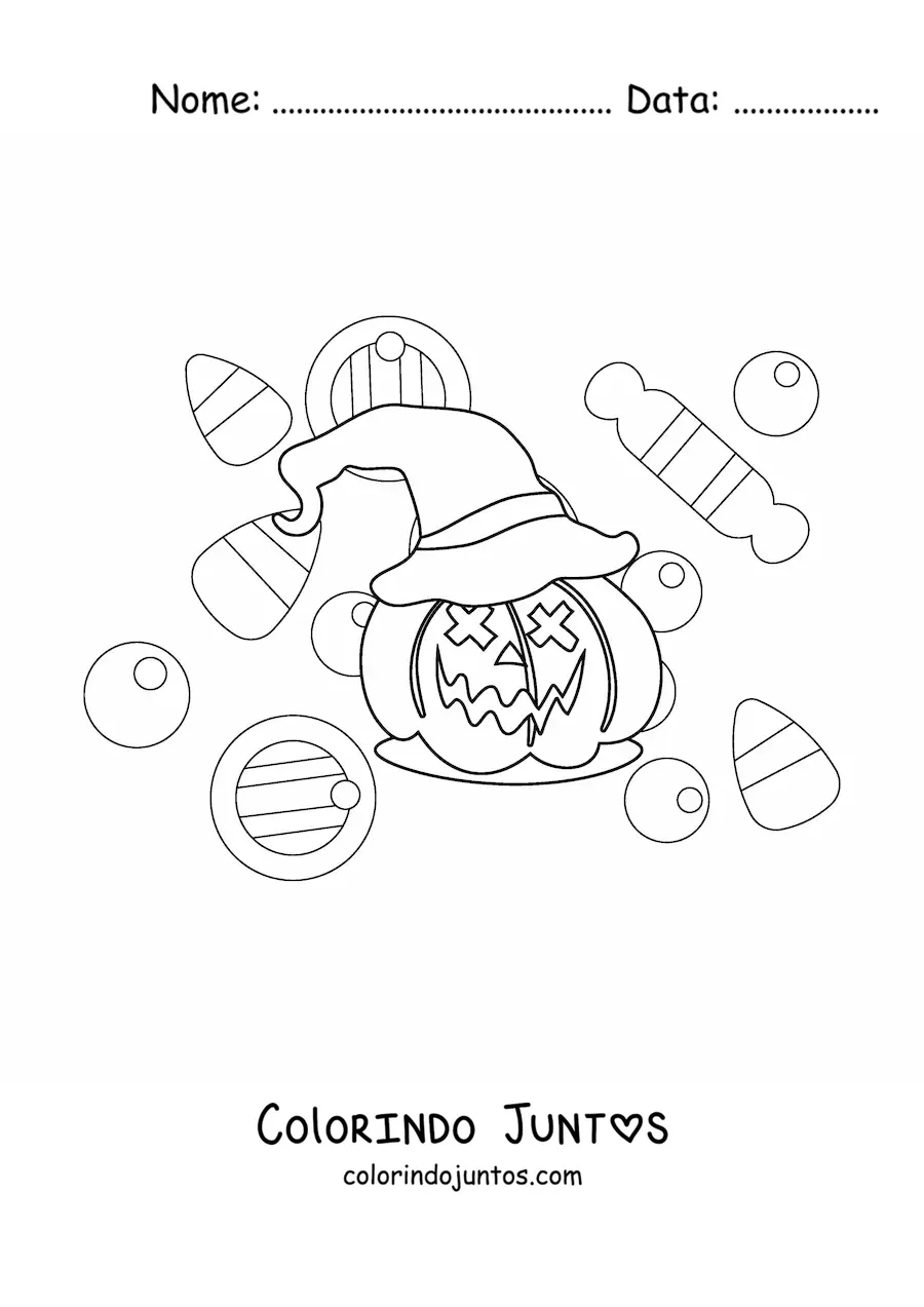 Desenho para colorir de abóbora de Halloween simples com chapéu e doces