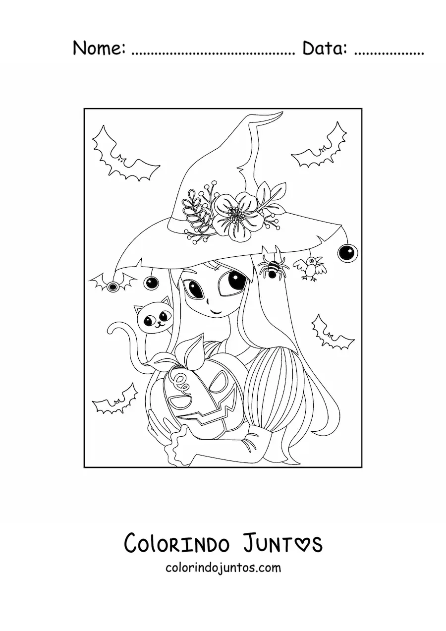 Desenho para colorir de bruxa fofa com gato e abóbora de Halloween