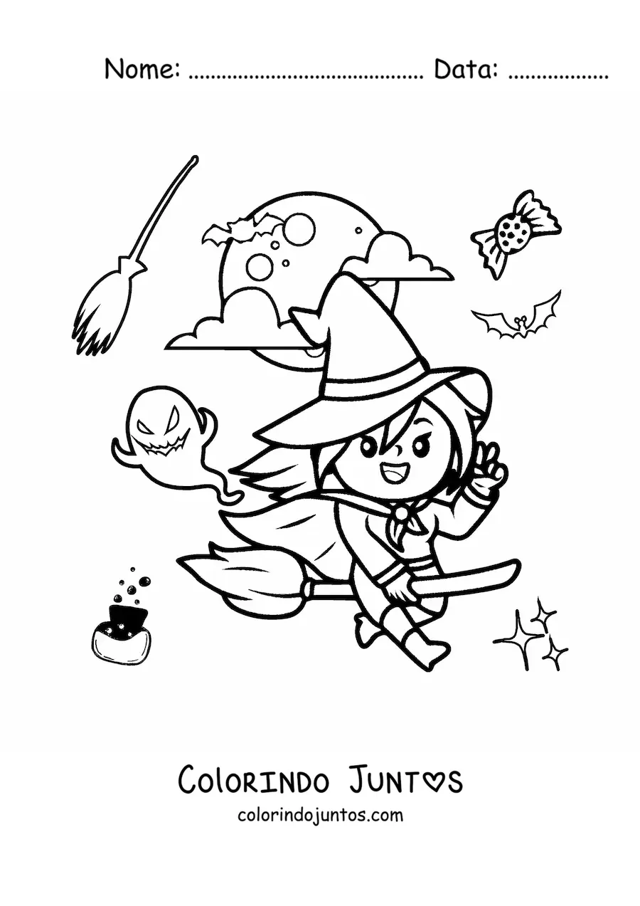 Desenho para colorir de bruxa animada voando na vassoura