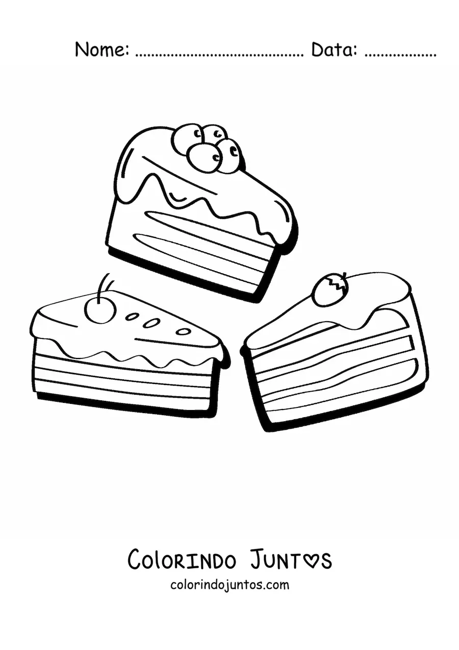 Desenho para colorir de três fatias de bolo