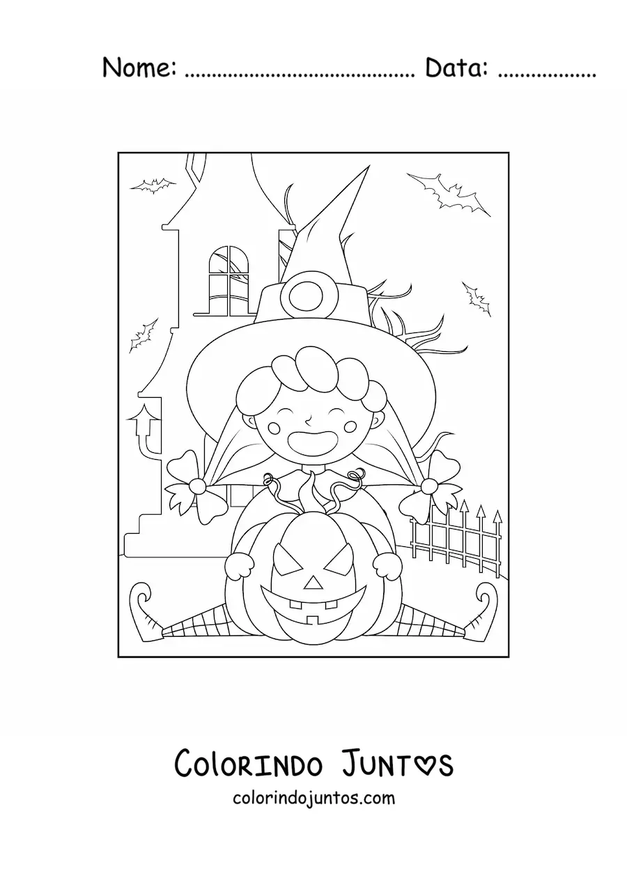 Desenho para colorir de bruxinha animada com abóbora de Halloween