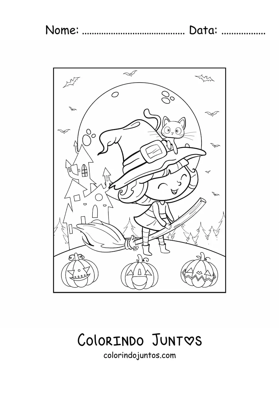 Desenho para colorir de bruxa boazinha kawaii voando na vassoura com gato