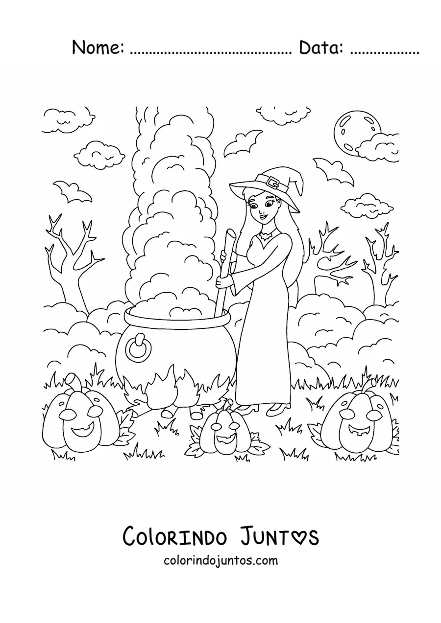 Desenho para colorir de bruxa fofa com caldeirão