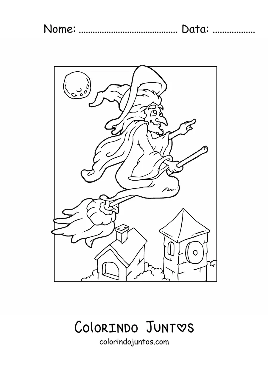 Desenho para colorir de bruxa malvada voando na vassoura