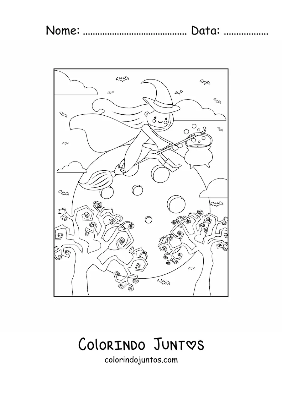 Desenho para colorir de bruxinha animada kawaii voando com lua cheia