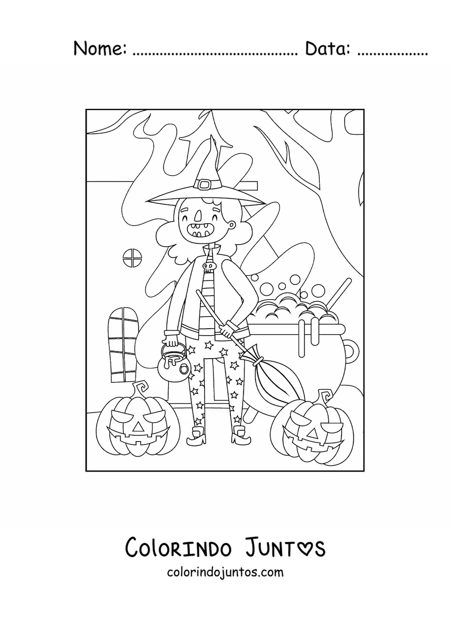 Desenho para colorir de bruxinha animada com caldeirão