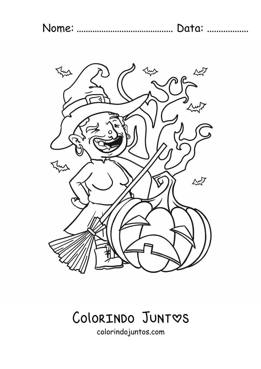 Desenho para colorir de bruxa feia em desenho com abóbora de Halloween