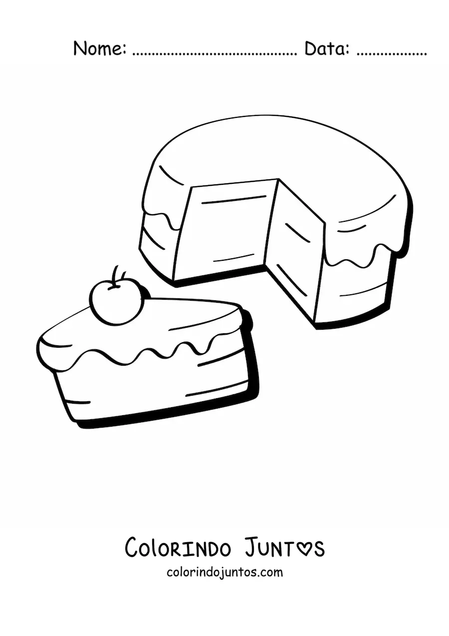 Desenho para colorir de um bolo e uma fatia de bolo com cereja