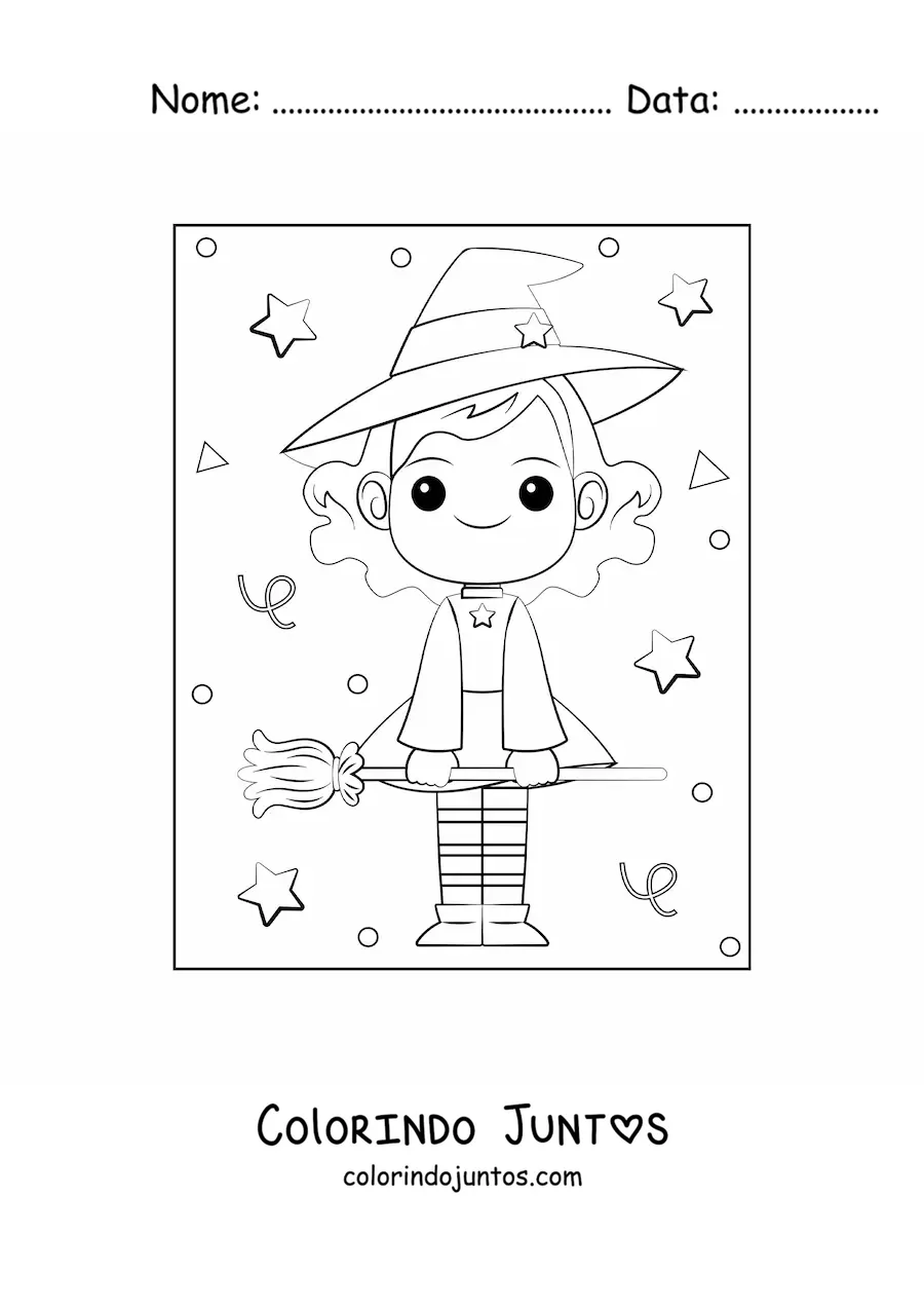 Desenho para colorir de bruxa kawaii com vassoura