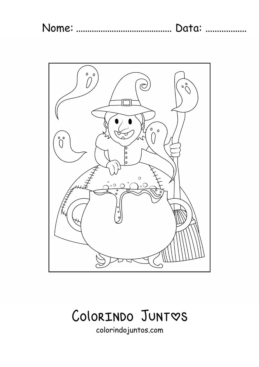 Desenho para colorir de bruxa feia cozinhando uma poção