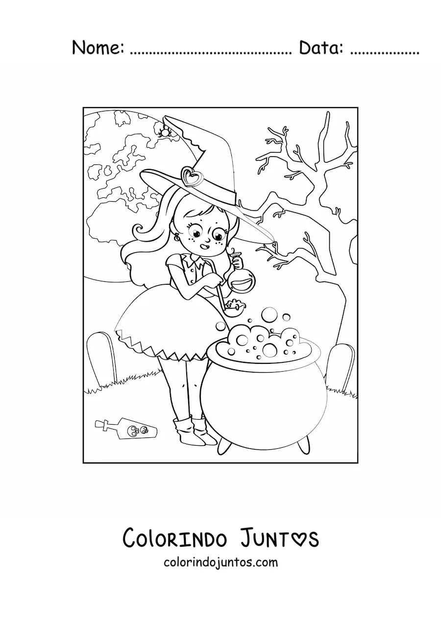 Desenho para colorir de bruxa kawaii preparando poção com lua cheia