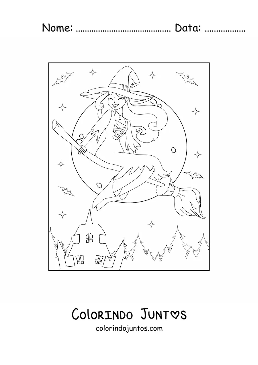 Desenho para colorir de bruxa bela voando com lua cheia