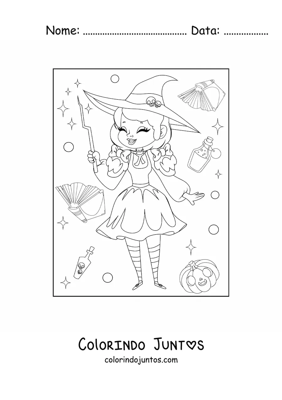 Desenho para colorir de bruxa bonita animada rindo