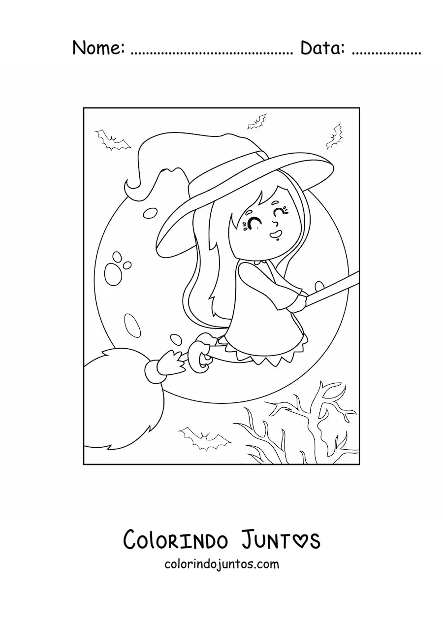 Desenho para colorir de bruxa kawaii voando com lua cheia