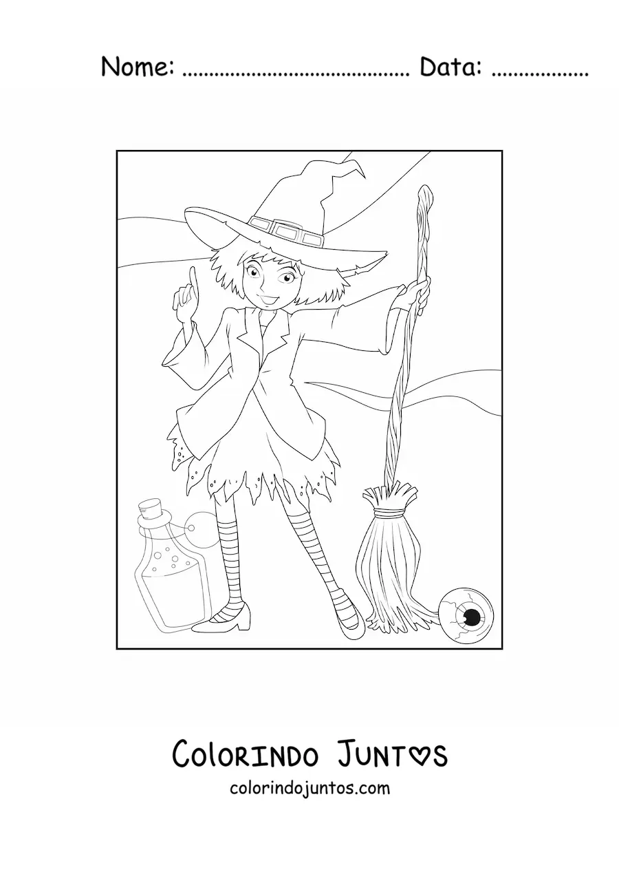 Desenho para colorir de bruxinha animada com vassoura e poção