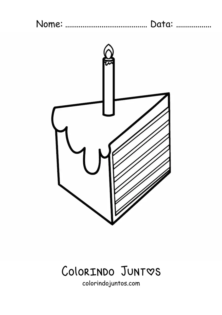 Desenho para colorir de uma fatia de bolo com uma vela de aniversário
