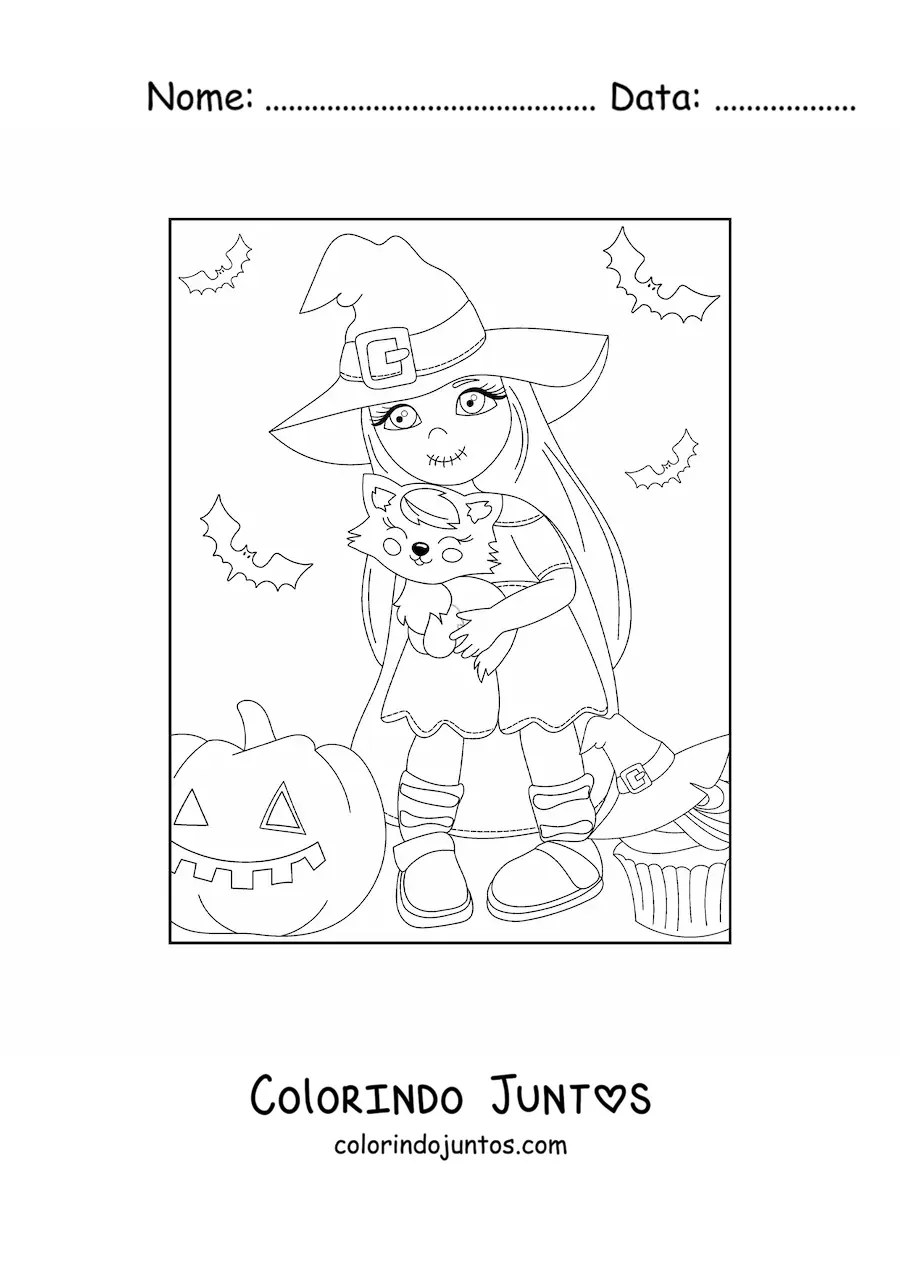 Desenho para colorir de bruxinha kawaii com gato e abóbora de Halloween