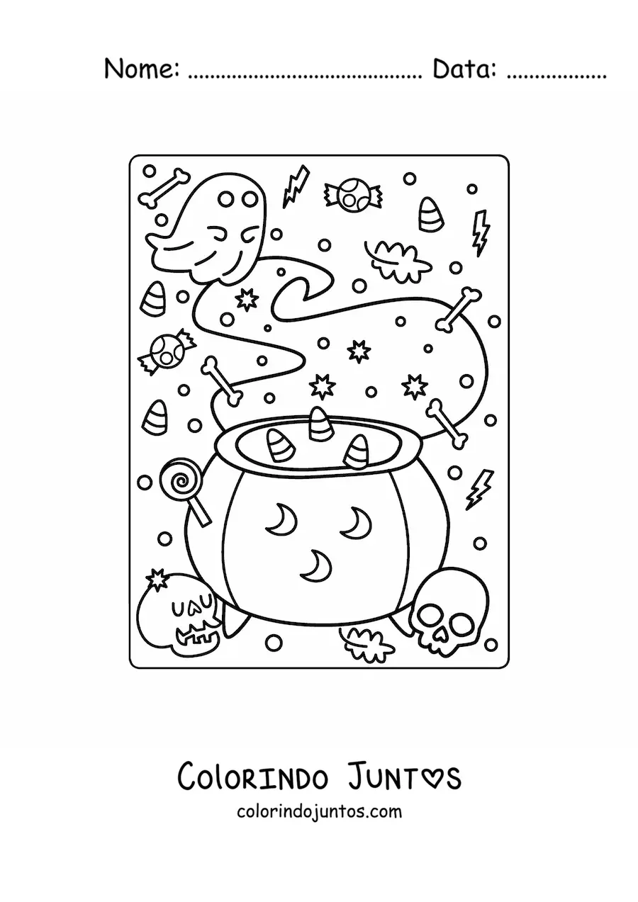 Desenho para colorir de caldeirão de bruxa com fantasma e doces de Halloween