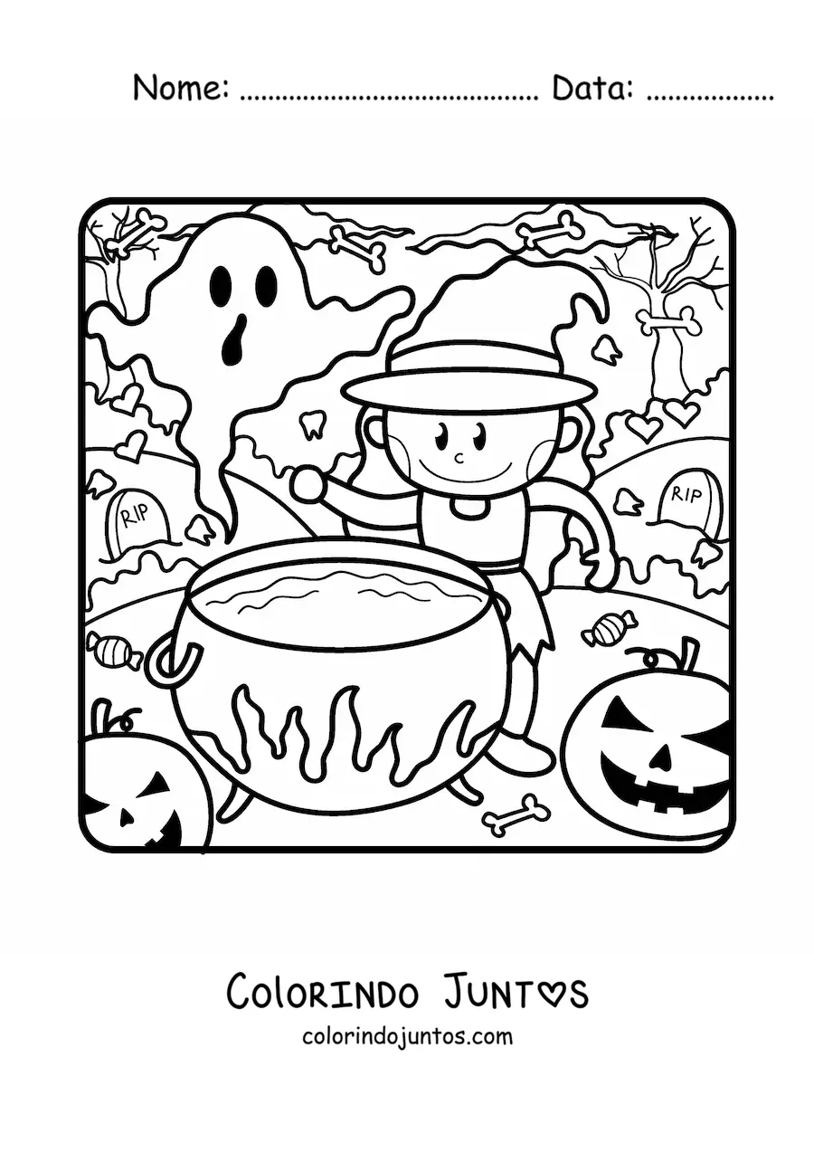 Desenho para colorir de bruxa de desenho com caldeirão e fantasma