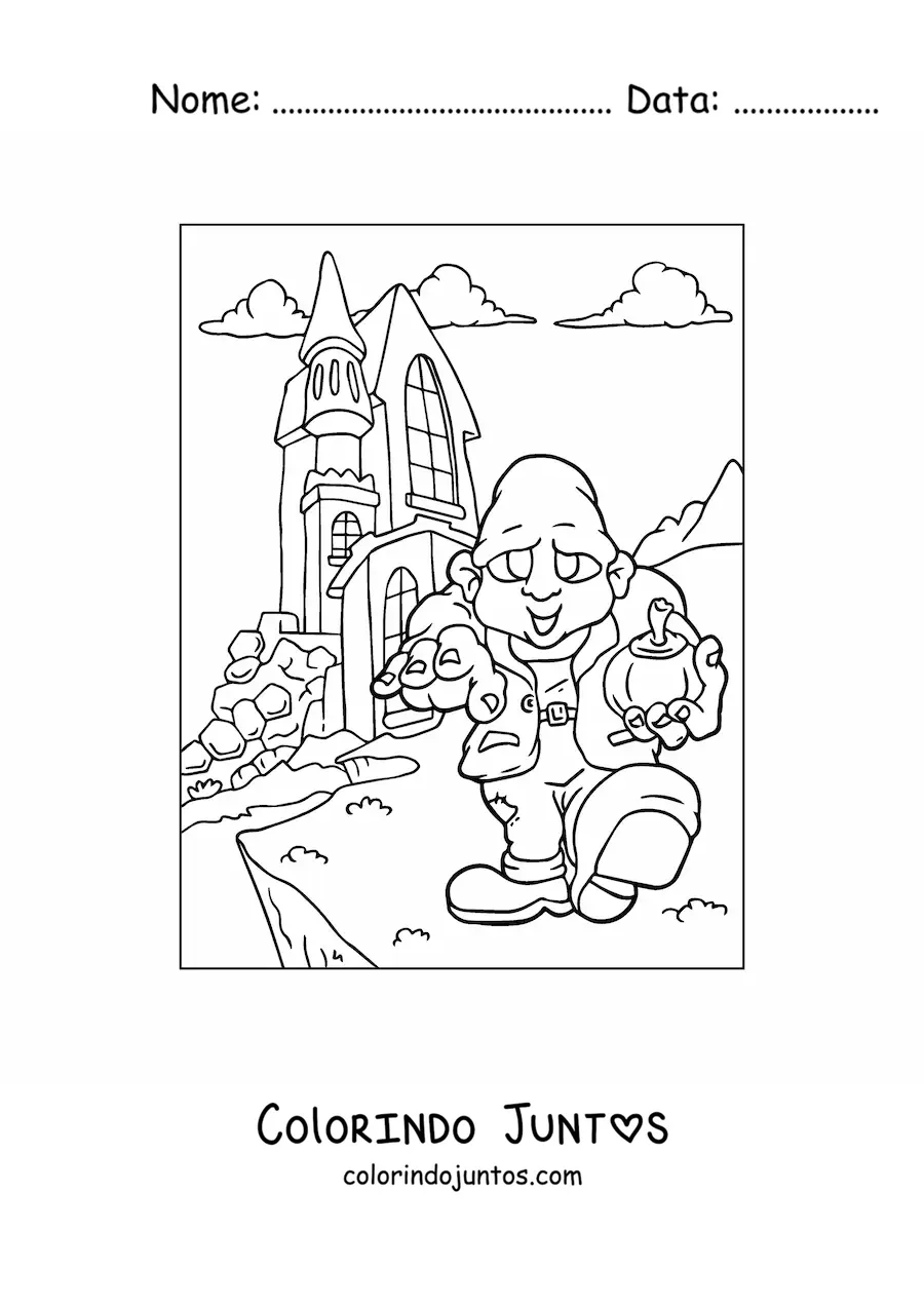 Desenho para colorir de zumbi com casa assombrada de Halloween