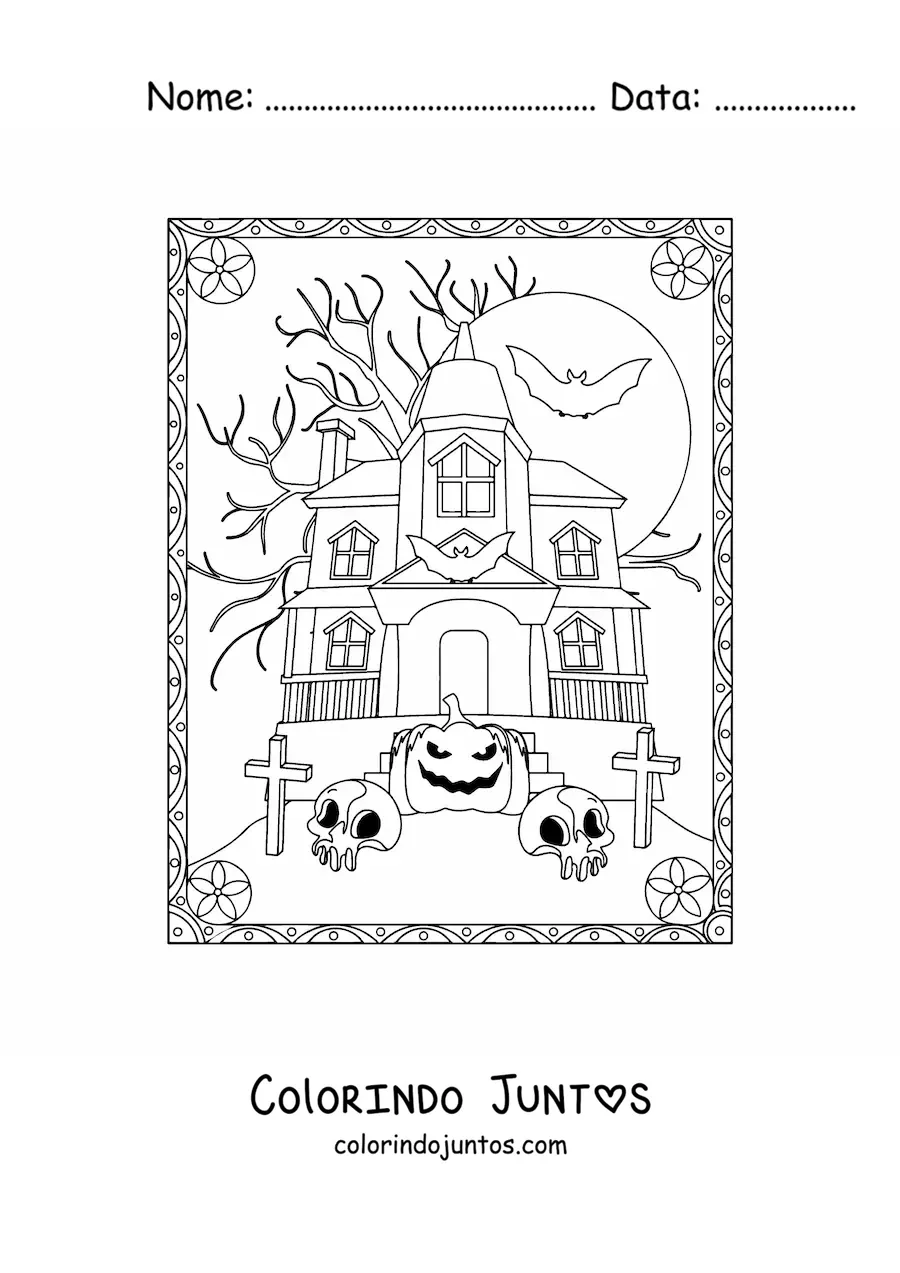 Desenho para colorir de casa assombrada de terror com abóbora de Halloween