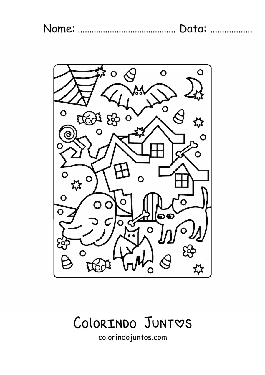 Desenho para colorir de casa assombrada kawaii com gato e doces de Halloween