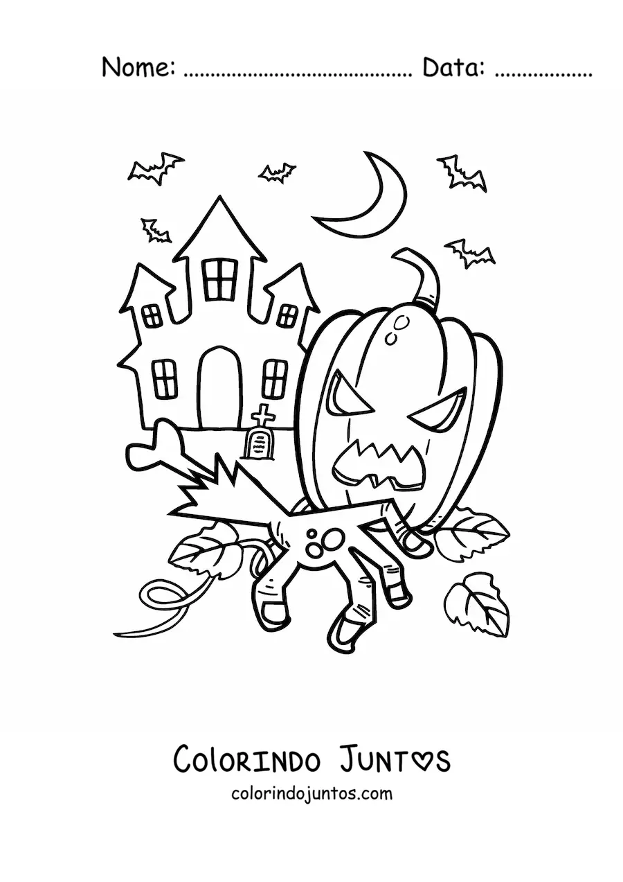 Desenho para colorir de casa assombrada grande com abóbora de Halloween e morcegos
