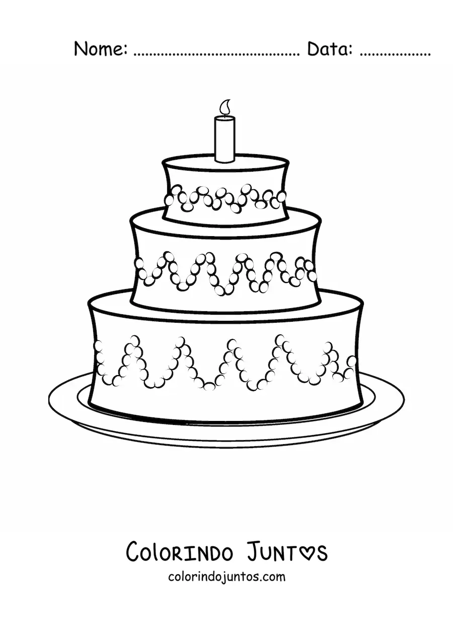 Desenho para colorir de um bolo de aniversário de três andares