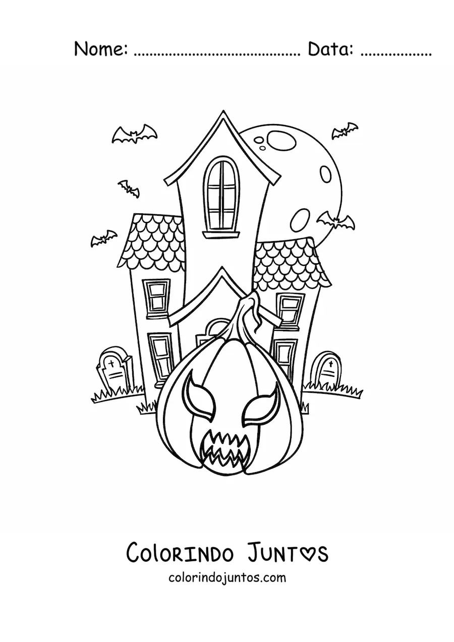 Desenho para colorir de casa assombrada grande com abóbora de Halloween e túmulos