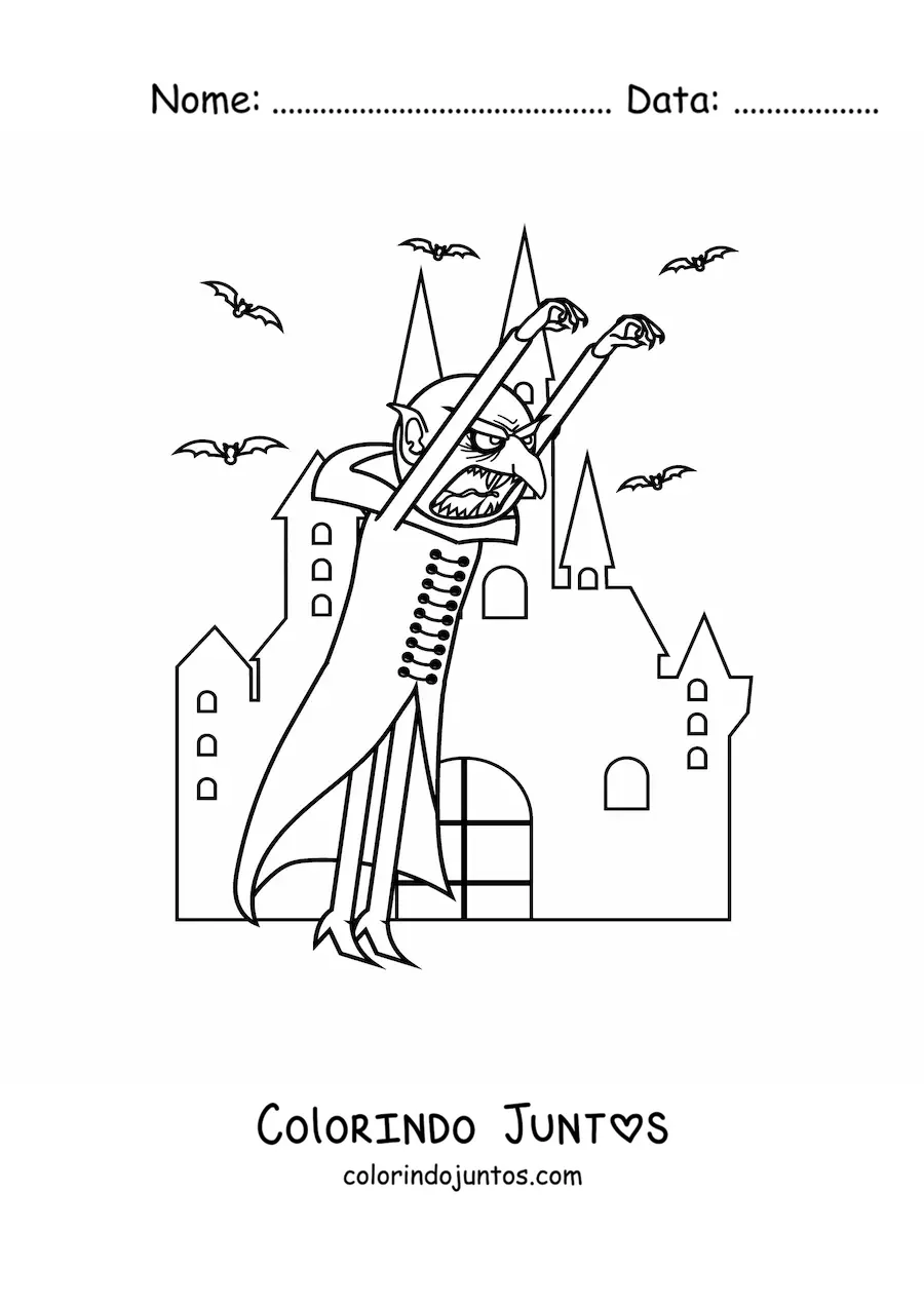 Desenho para colorir de monstro com castelo assombrado de Halloween