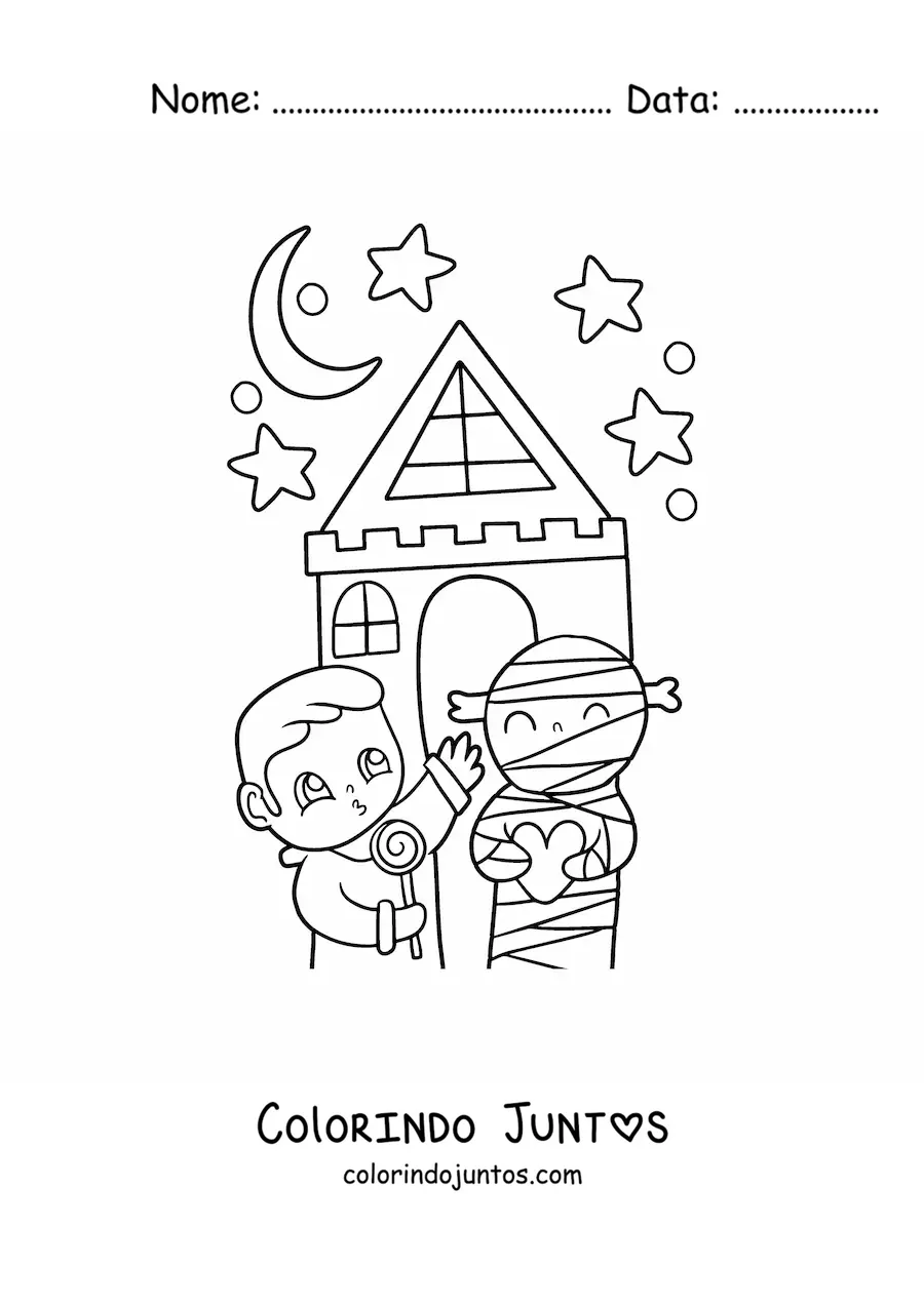 Desenho para colorir de casa assombrada kawaii com criança e múmia