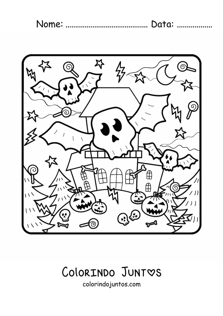 Desenho para colorir de mansão assombrada com monstros e abóboras de Halloween