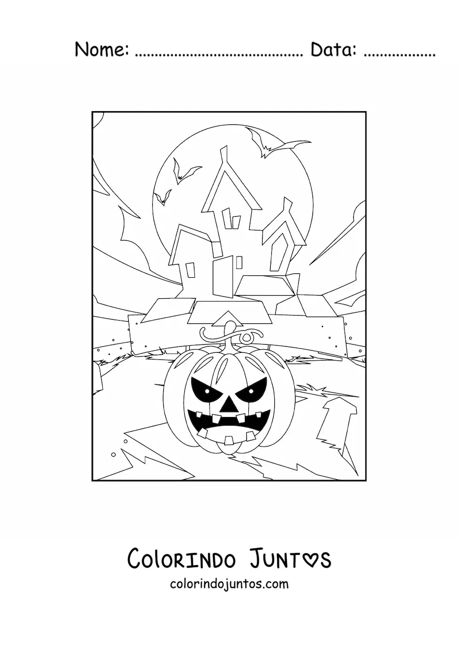 Desenho para colorir de abóbora de Halloween aterrorizante com mansão assombrada
