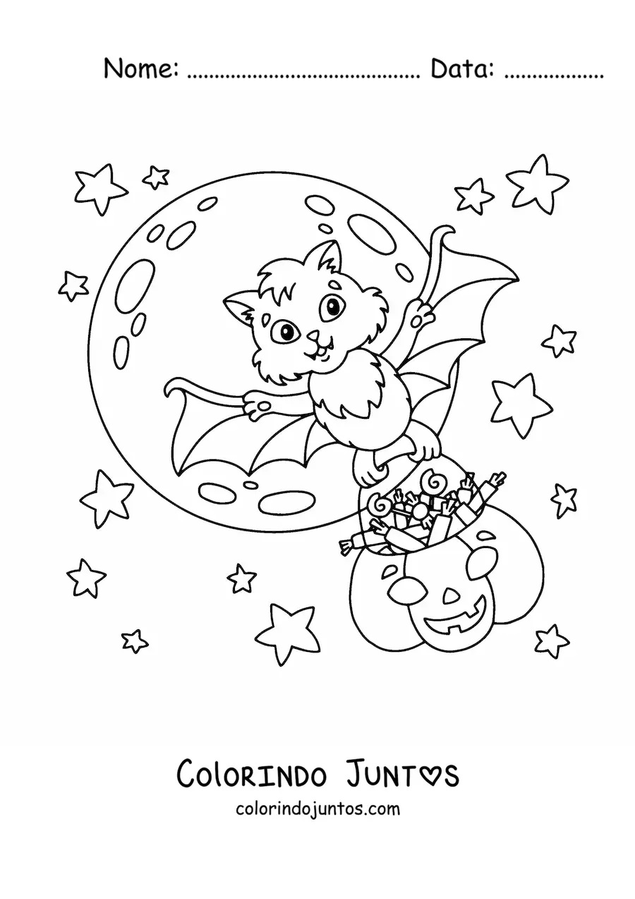 Desenho para colorir de morcego kawaii com abóbora cheia de doces de Halloween