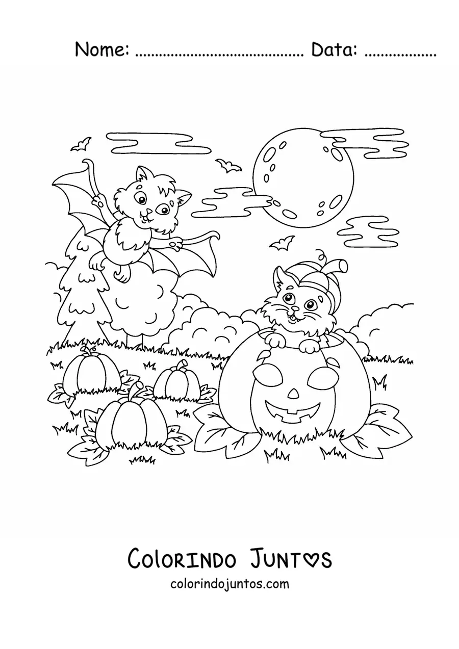 Desenho para colorir de morcego kawaii com gato e abóbora de Halloween