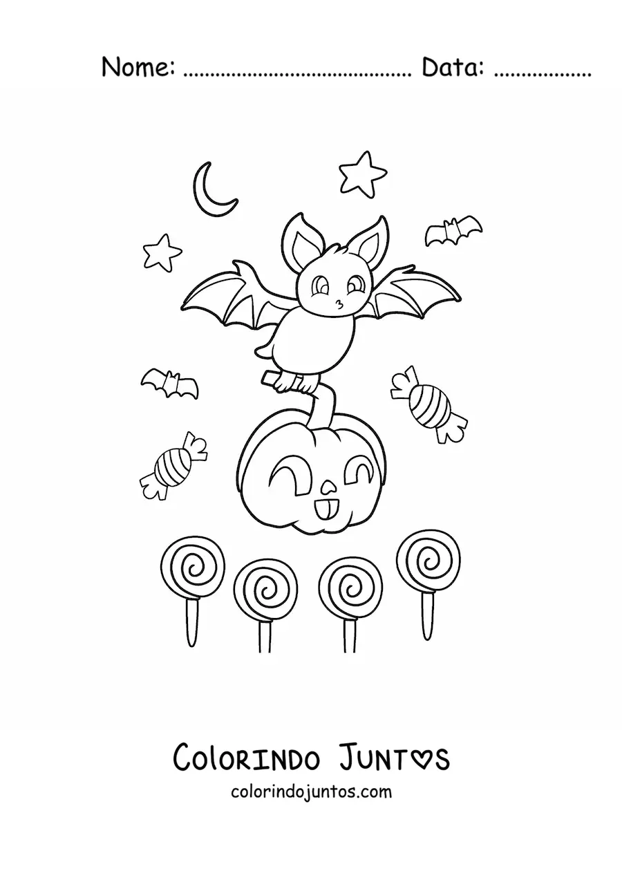 Desenho para colorir de morcego animado com abóbora e doces de Halloween