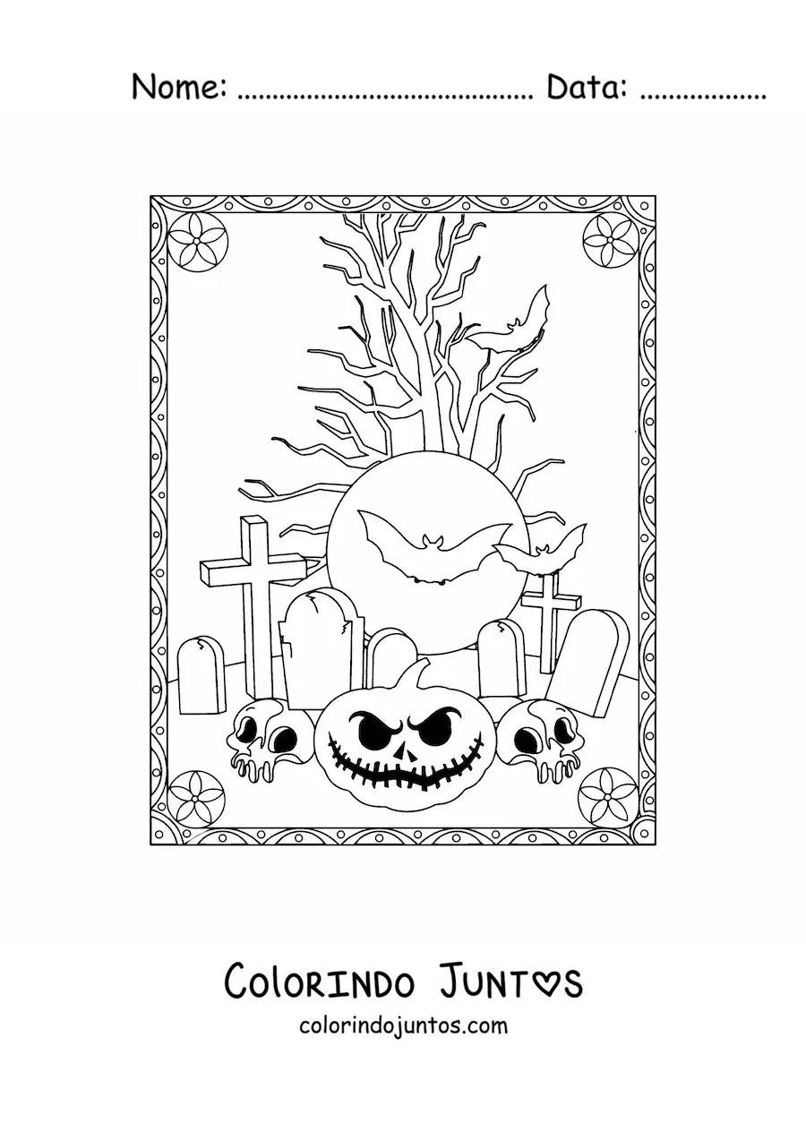 Desenho para colorir de silhuetas de morcegos com abóboras assustadoras de Halloween
