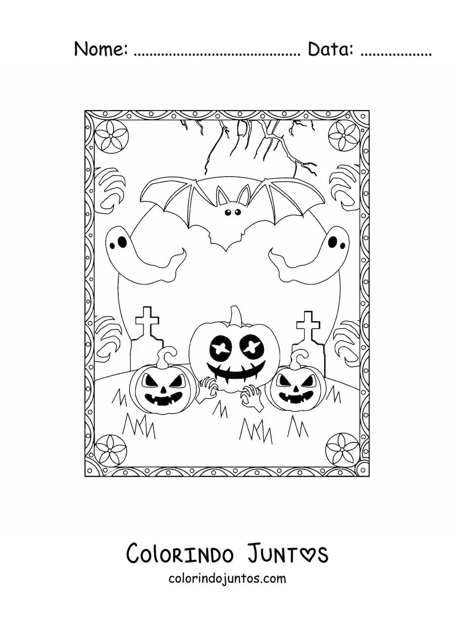 Desenho para colorir de morcegos com fantasmas e abóboras assustadoras de Halloween
