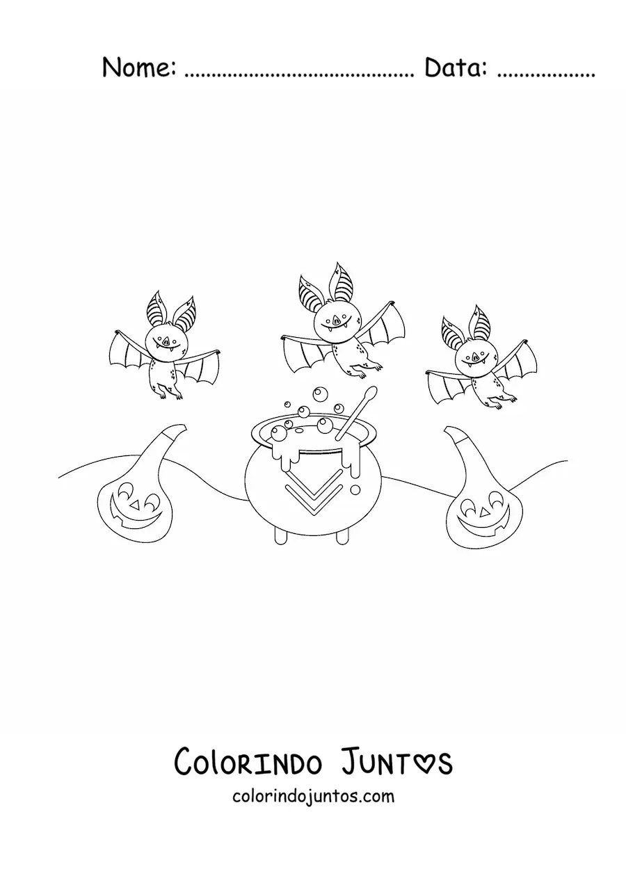 Desenho para colorir de morcegos com caldeirão de bruxa e abóbora de Halloween