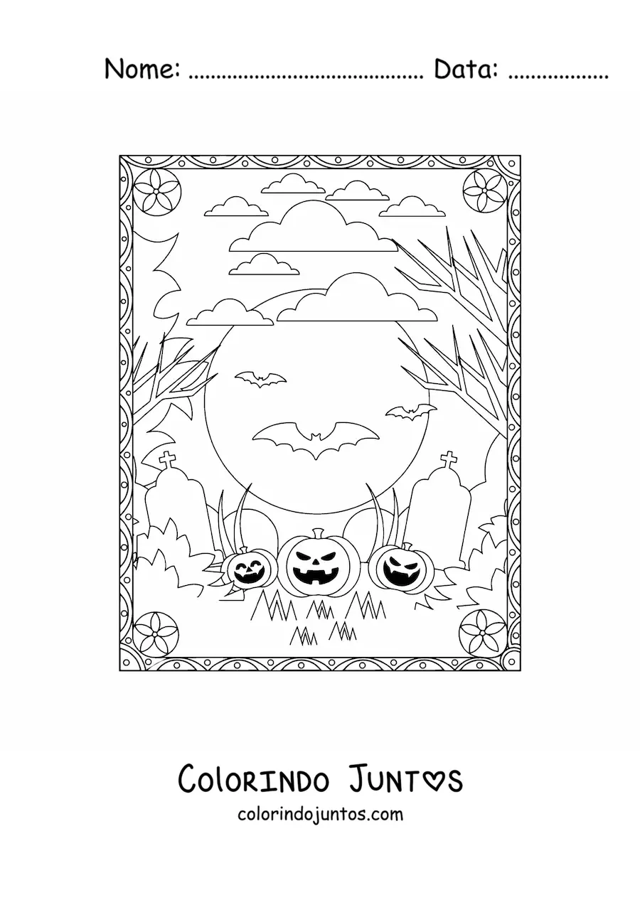 Desenho para colorir de morcegos voando na noite de Halloween