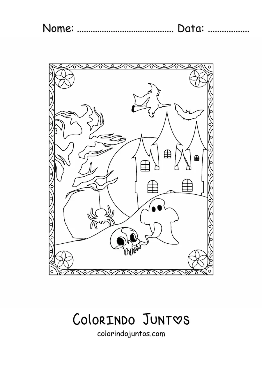 Desenho para colorir de morcego voando ao lado de uma casa assombrada