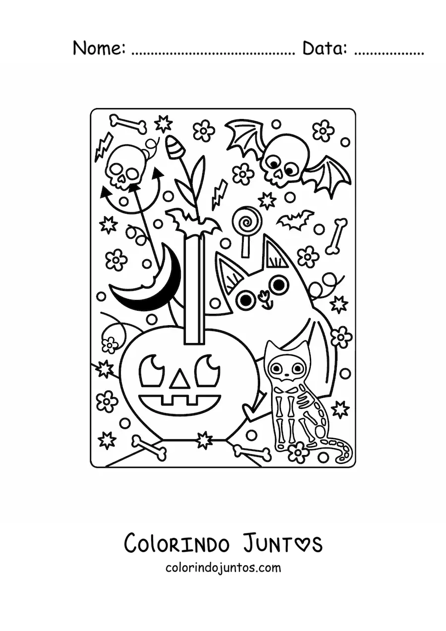 Desenho para colorir de morcego com caveira e gato no Halloween