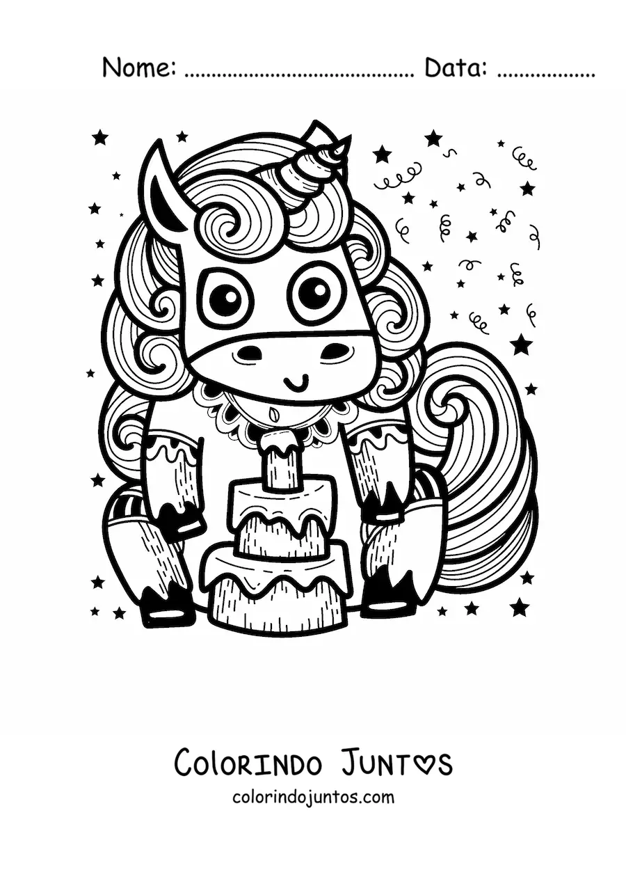 Desenho para colorir de um unicórnio animado com um bolo de aniversário